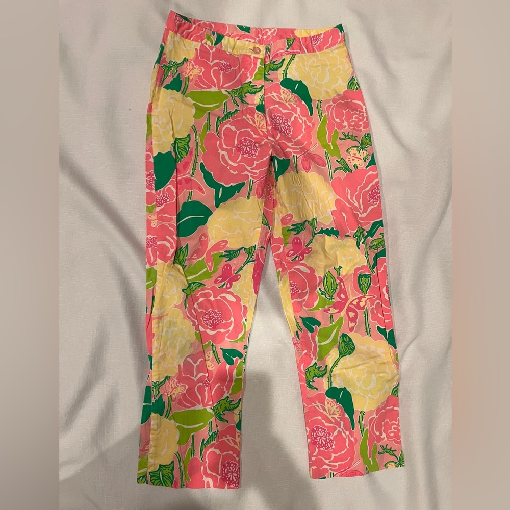 Lilly Pulitzer Pink and Yellow Floral Capri Pants Flowers
